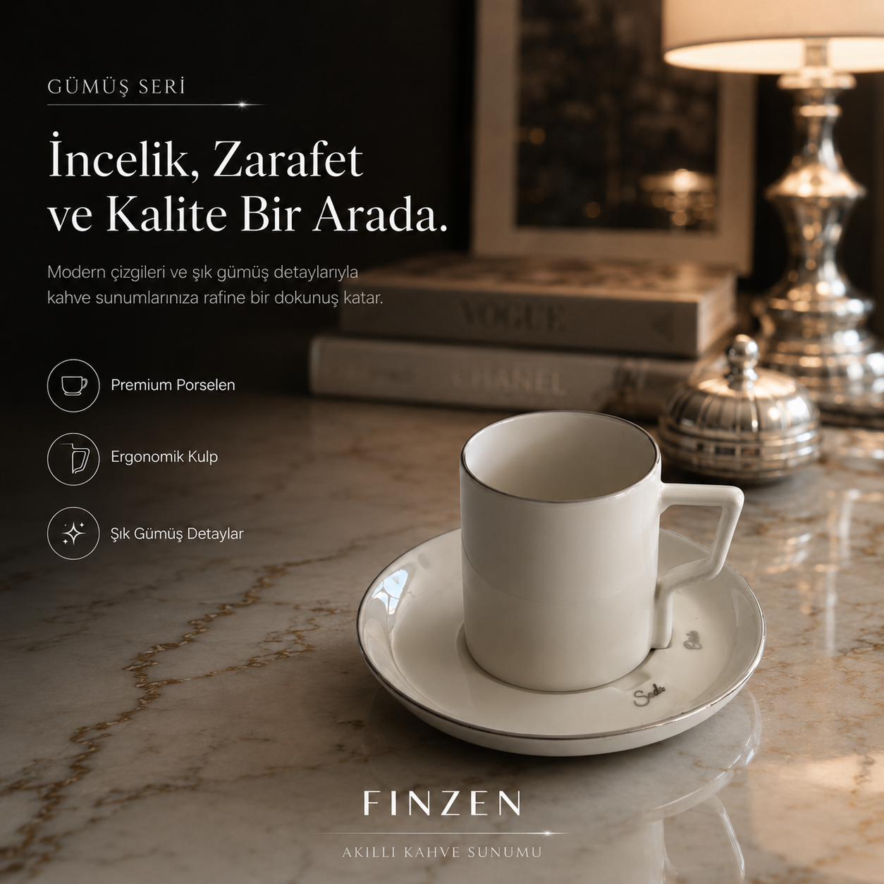 Finzen | Olika 12 Parça Akıllı Fincan Seti | SİLVER